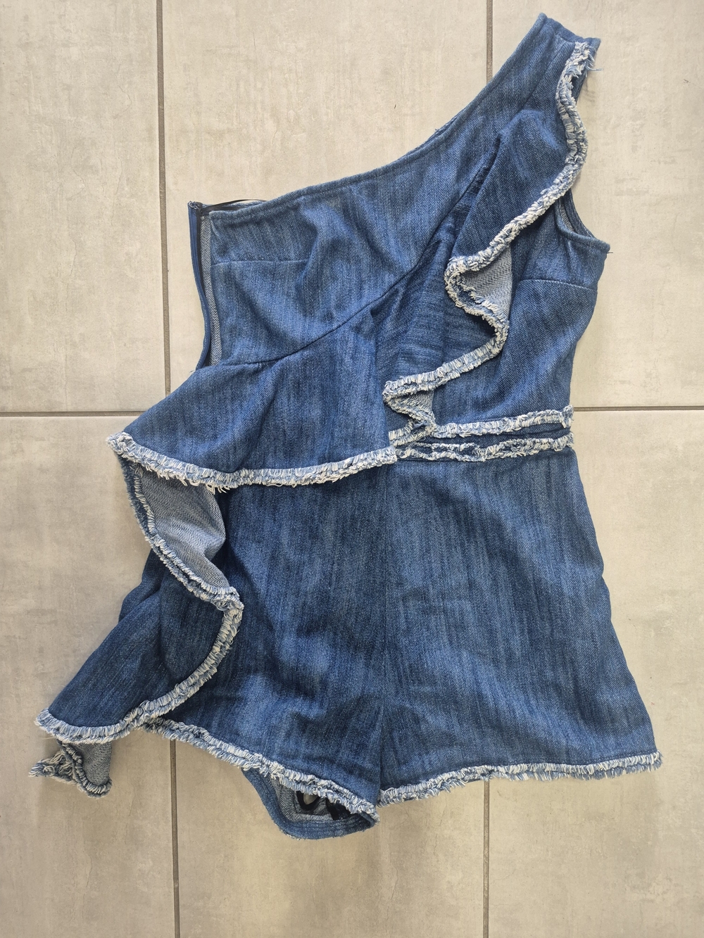 Alexis One-Shoulder Denim Romper in Blue